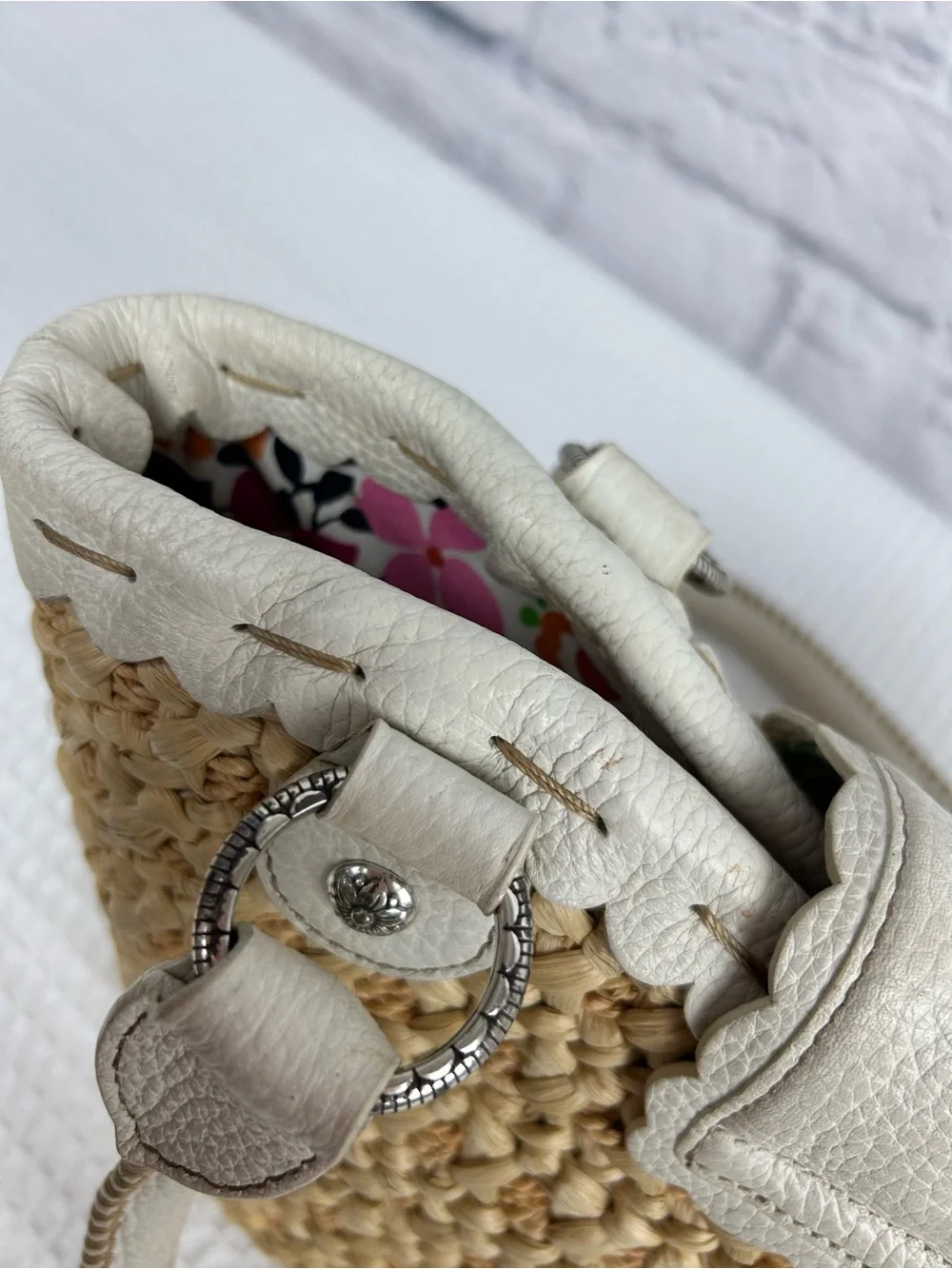 Brighton Raffia Tote White Leather Trim Daisy Floral Lined Shoulder Bag